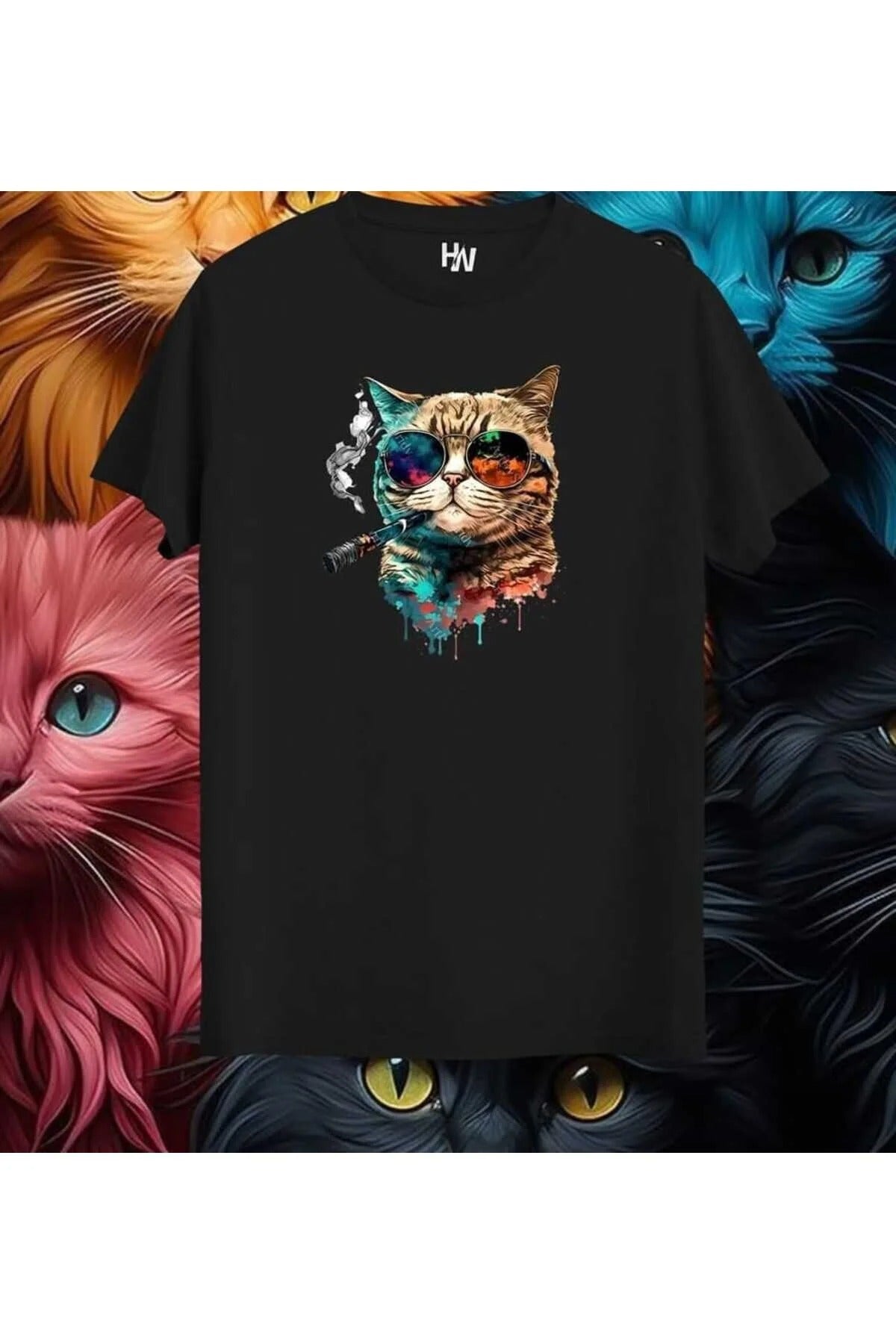 PUROLU KEDİ OVERSİZE KALIP UNİSEX MODEL PUROLU KEDİ BASKILI TİŞÖRT