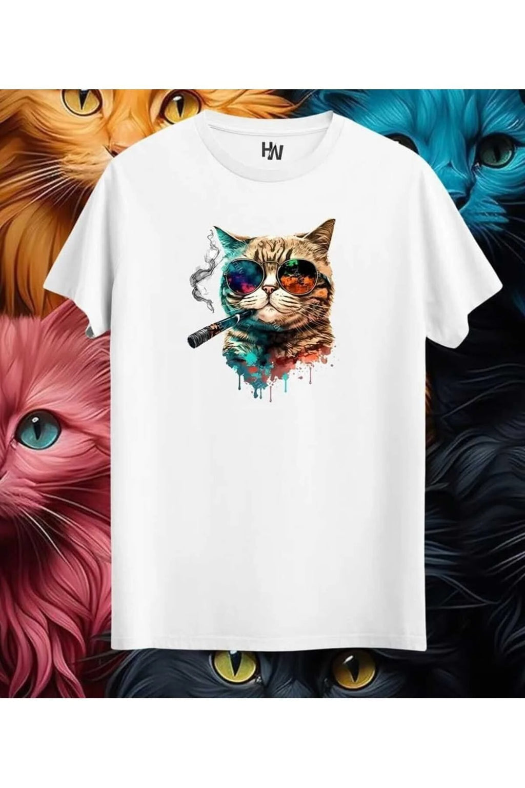 PUROLU KEDİ OVERSİZE KALIP UNİSEX MODEL PUROLU KEDİ BASKILI TİŞÖRT