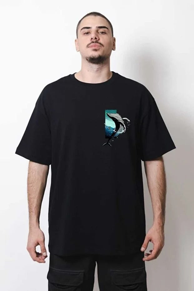 Unisex Balina Sırt Baskılı Oversize T-shirt