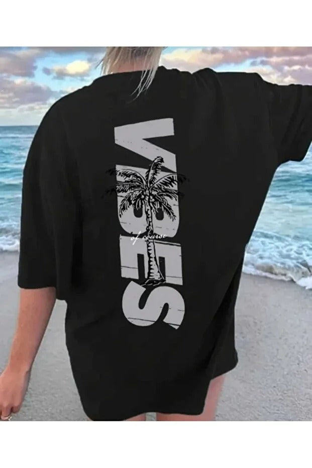 Vıbes Baskılı Oversize Bisiklet Yaka Rahat Unisex Yazlık Tsihirt